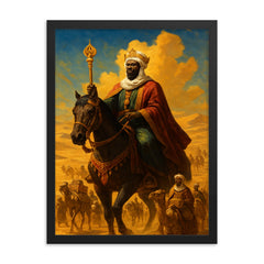 Mansa Musa crossing the Sahara with golden caravan framed print on a plain backdrop in size 18"x24".