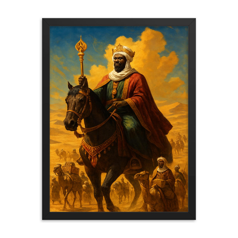 Mansa Musa crossing the Sahara with golden caravan framed print on a plain backdrop in size 18