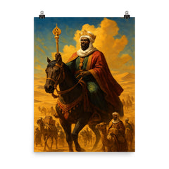 Mansa Musa crossing the Sahara with golden caravan poster on a plain backdrop in size 8"x10".