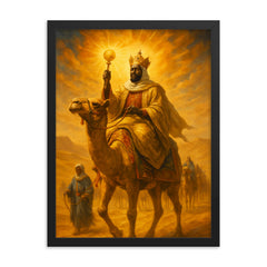 Mansa Musa desert caravan radiance framed print on a plain backdrop in size 18"x24".