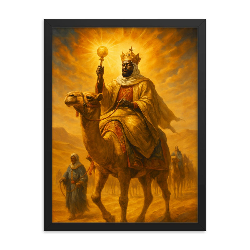 Mansa Musa desert caravan radiance framed print on a plain backdrop in size 18