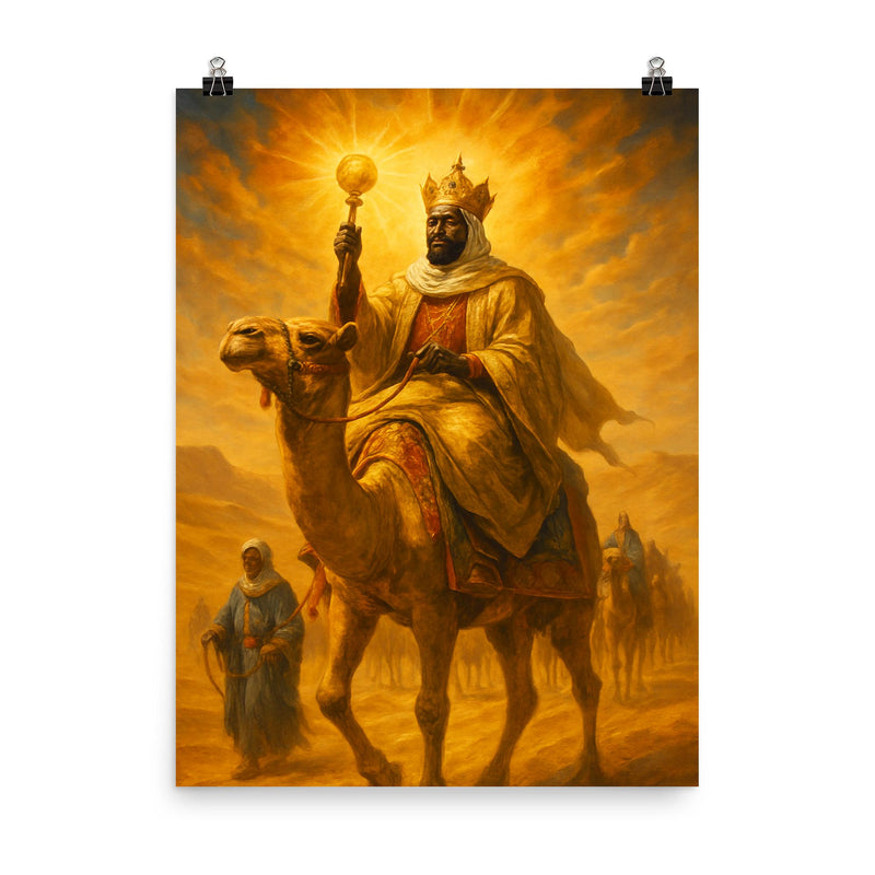 Mansa Musa desert caravan radiance poster on a plain backdrop in size 8