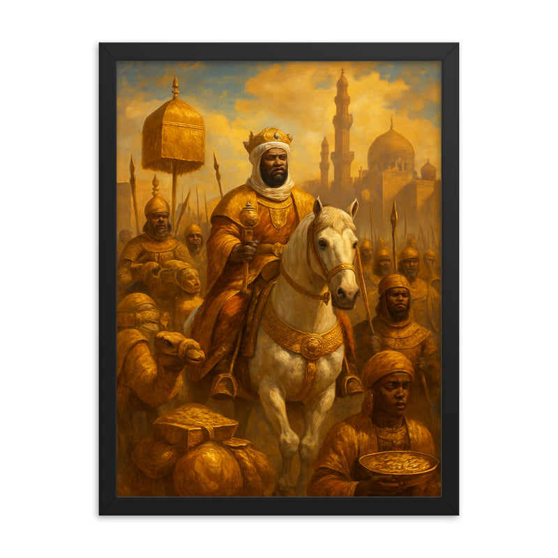 Mansa Musa entering Cairo with golden retinue framed print on a plain backdrop in size 18
