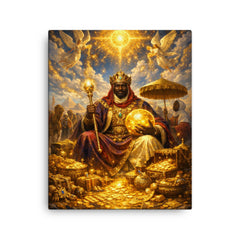Mansa Musa on pilgrimage with celestial gold canvas print on a plain backdrop in size 16"x20".