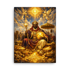 Mansa Musa on pilgrimage with celestial gold canvas print on a plain backdrop in size 18"x24".