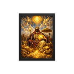 Mansa Musa on pilgrimage with celestial gold framed print on a plain backdrop in size 12"x16".