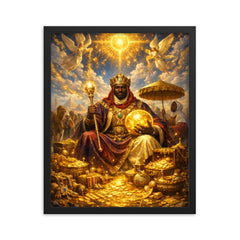 Mansa Musa on pilgrimage with celestial gold framed print on a plain backdrop in size 16"x20".