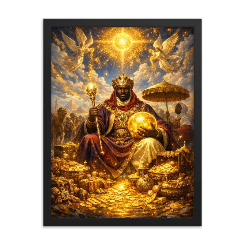 Mansa Musa on pilgrimage with celestial gold framed print on a plain backdrop in size 18