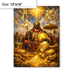Mansa Musa on pilgrimage with celestial gold metal print on a plain backdrop in size 12"x16".
