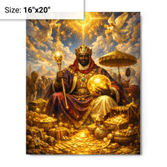 Mansa Musa on pilgrimage with celestial gold metal print on a plain backdrop in size 16"x20".