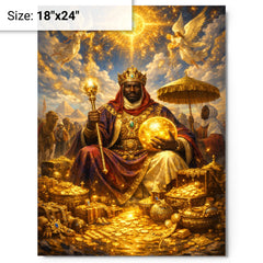 Mansa Musa on pilgrimage with celestial gold metal print on a plain backdrop in size 18"x24".