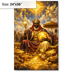 Mansa Musa on pilgrimage with celestial gold metal print on a plain backdrop in size 24"x36".