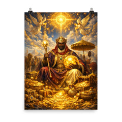 Mansa Musa on pilgrimage with celestial gold poster on a plain backdrop in size 8"x10".
