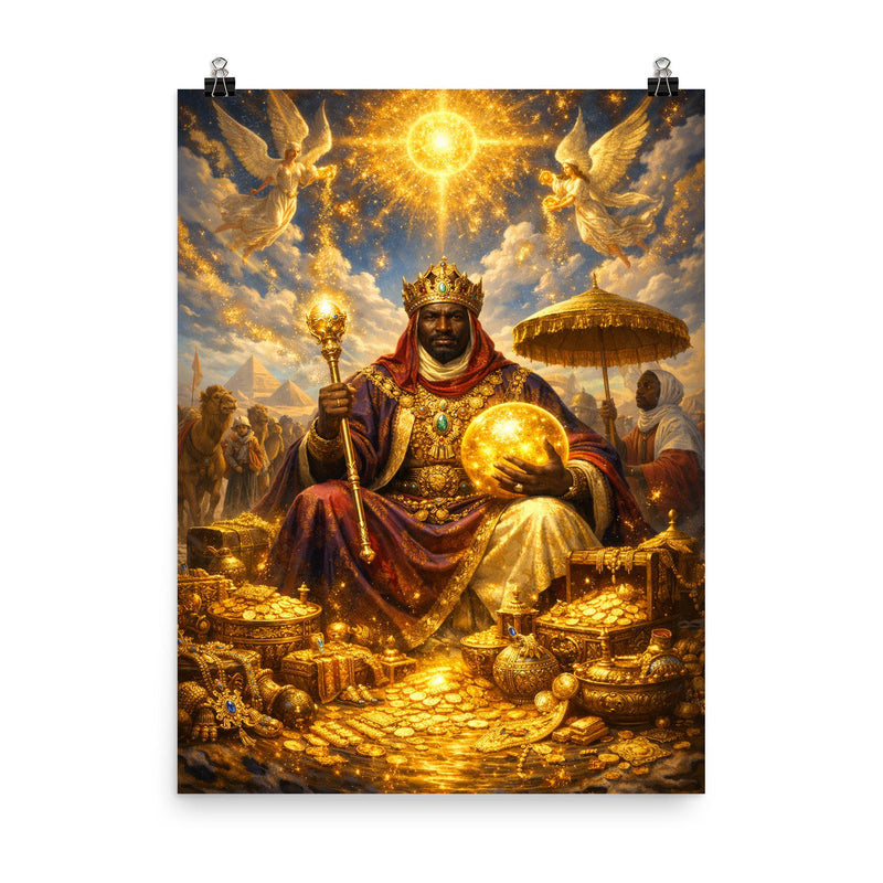 Mansa Musa on pilgrimage with celestial gold poster on a plain backdrop in size 8
