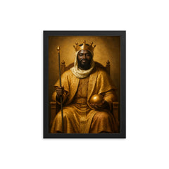Mansa Musa regal portrait framed print on a plain backdrop in size 12"x16".