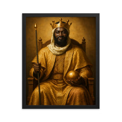 Mansa Musa regal portrait framed print on a plain backdrop in size 16"x20".