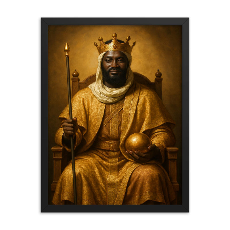 Mansa Musa regal portrait framed print on a plain backdrop in size 18