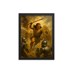 Mapuche toqui Lautaro charging conquistadors framed print on a plain backdrop in size 12"x16".