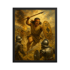 Mapuche toqui Lautaro charging conquistadors framed print on a plain backdrop in size 16"x20".