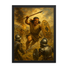 Mapuche toqui Lautaro charging conquistadors framed print on a plain backdrop in size 18"x24".