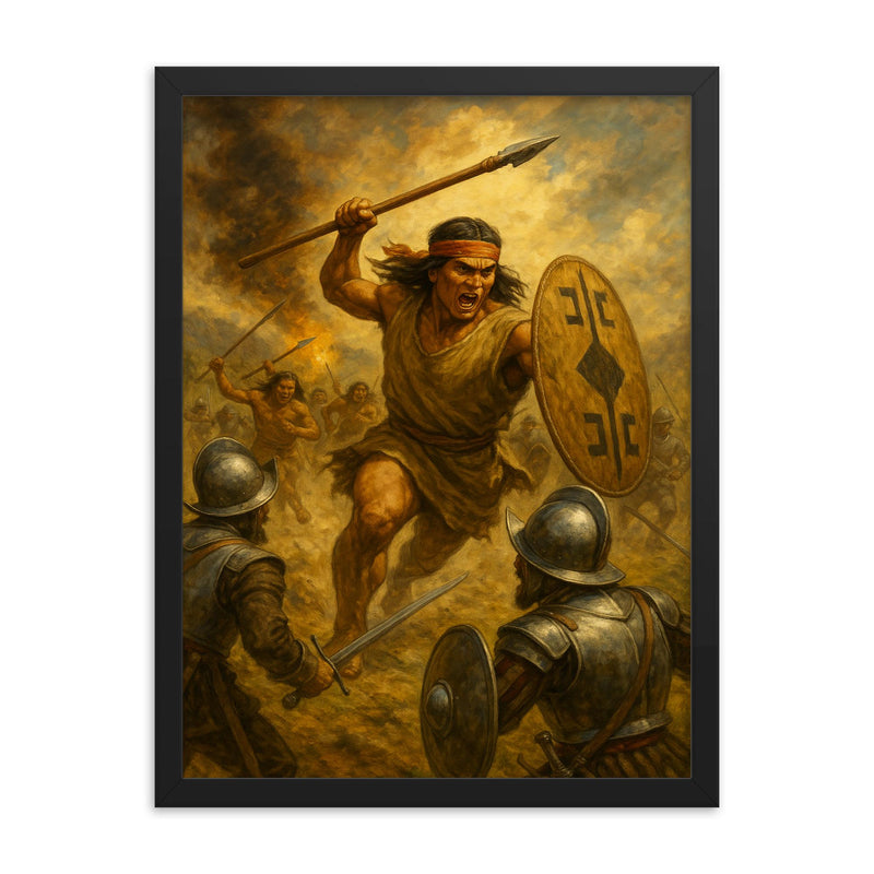 Mapuche toqui Lautaro charging conquistadors framed print on a plain backdrop in size 18