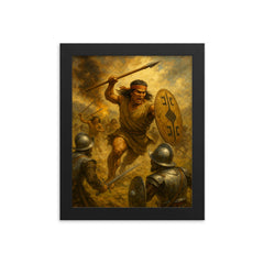 Mapuche toqui Lautaro charging conquistadors framed print on a plain backdrop in size 8"x10".