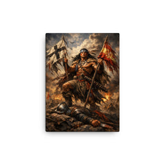 Mapuche warrior Lautaro with captured standards canvas print on a plain backdrop in size 12"x16".