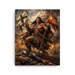 Mapuche warrior Lautaro with captured standards canvas print on a plain backdrop in size 16"x20".