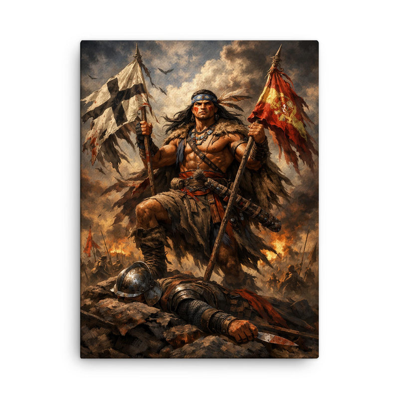 Mapuche warrior Lautaro with captured standards canvas print on a plain backdrop in size 18