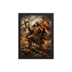 Mapuche warrior Lautaro with captured standards framed print on a plain backdrop in size 12"x16".