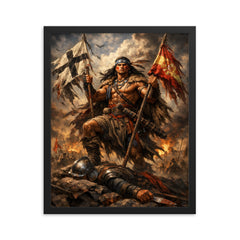 Mapuche warrior Lautaro with captured standards framed print on a plain backdrop in size 16"x20".