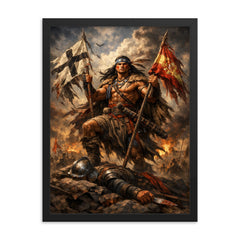 Mapuche warrior Lautaro with captured standards framed print on a plain backdrop in size 18"x24".