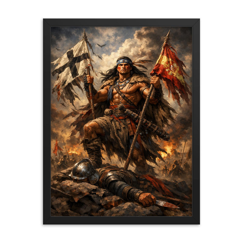Mapuche warrior Lautaro with captured standards framed print on a plain backdrop in size 18