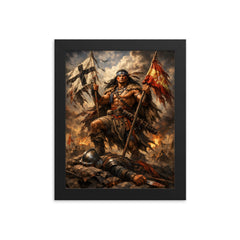 Mapuche warrior Lautaro with captured standards framed print on a plain backdrop in size 8"x10".