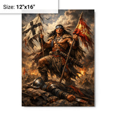 Mapuche warrior Lautaro with captured standards metal print on a plain backdrop in size 12"x16".