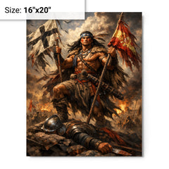 Mapuche warrior Lautaro with captured standards metal print on a plain backdrop in size 16"x20".
