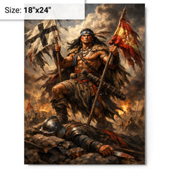Mapuche warrior Lautaro with captured standards metal print on a plain backdrop in size 18"x24".