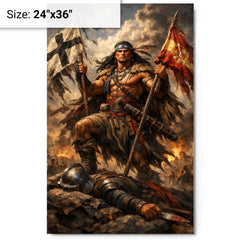Mapuche warrior Lautaro with captured standards metal print on a plain backdrop in size 24"x36".