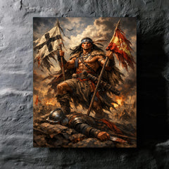 Mapuche warrior Lautaro with captured standards metal print mockup
