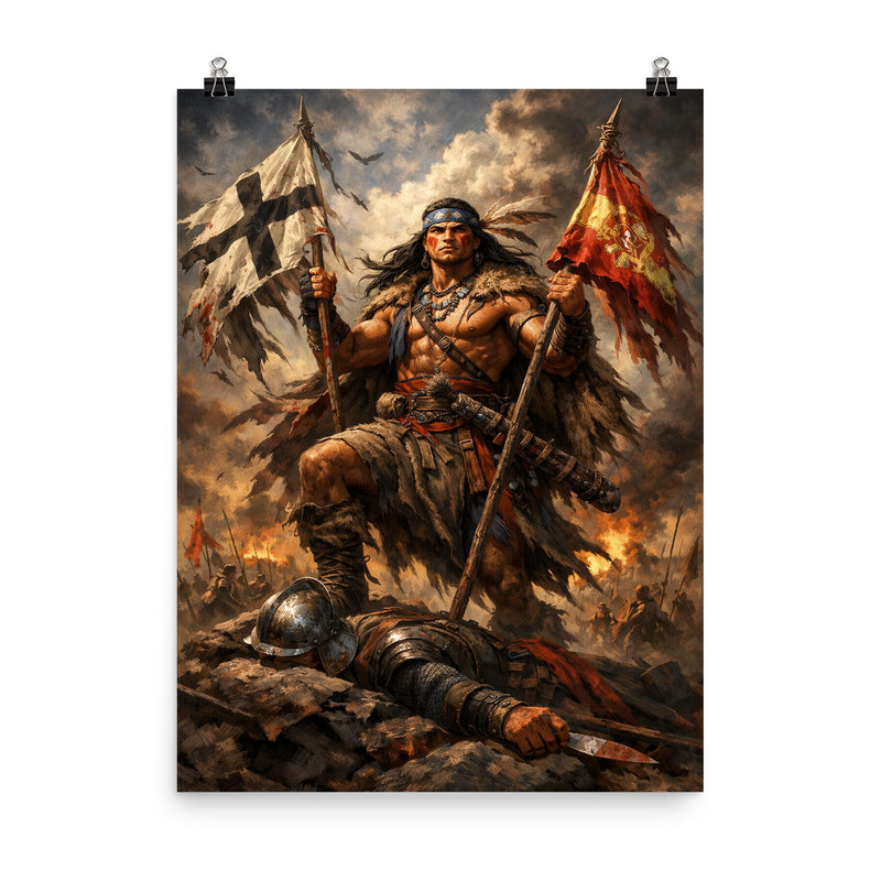 Mapuche warrior Lautaro with captured standards poster on a plain backdrop in size 8