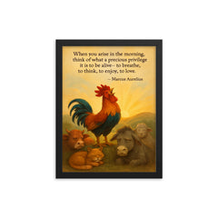 marcus aurelius morning privilege quote rooste framed print on a plain backdrop in size 12"x16".