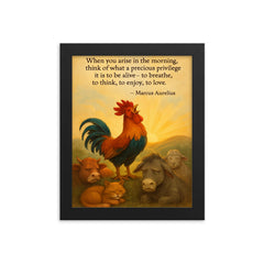 marcus aurelius morning privilege quote rooste framed print on a plain backdrop in size 8"x10".