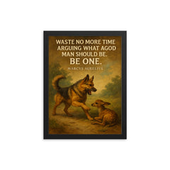 marcus aurelius quote dog stops barking to help another animal framed print on a plain backdrop in size 12"x16".