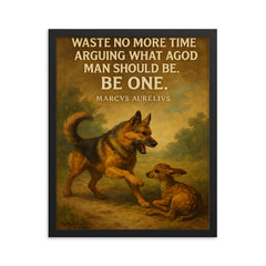 marcus aurelius quote dog stops barking to help another animal framed print on a plain backdrop in size 16"x20".