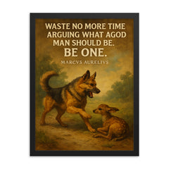 marcus aurelius quote dog stops barking to help another animal framed print on a plain backdrop in size 18"x24".