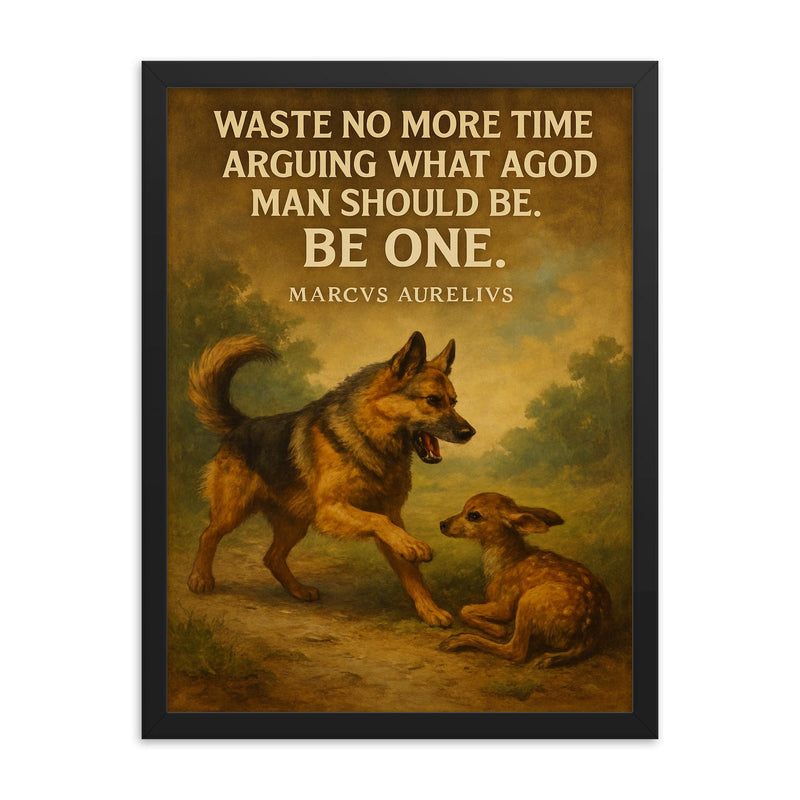 marcus aurelius quote dog stops barking to help another animal framed print on a plain backdrop in size 18