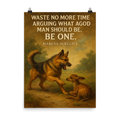 marcus aurelius quote dog stops barking to help another animal poster on a plain backdrop in size 8"x10".