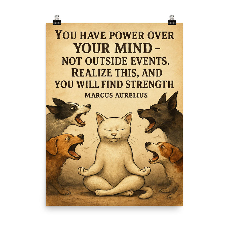 marcus aurelius quote zen cat calm mind amid barking poster on a plain backdrop in size 8