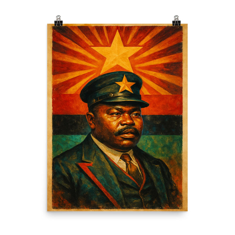 Marcus Garvey black star vision portrait poster on a plain backdrop in size 8