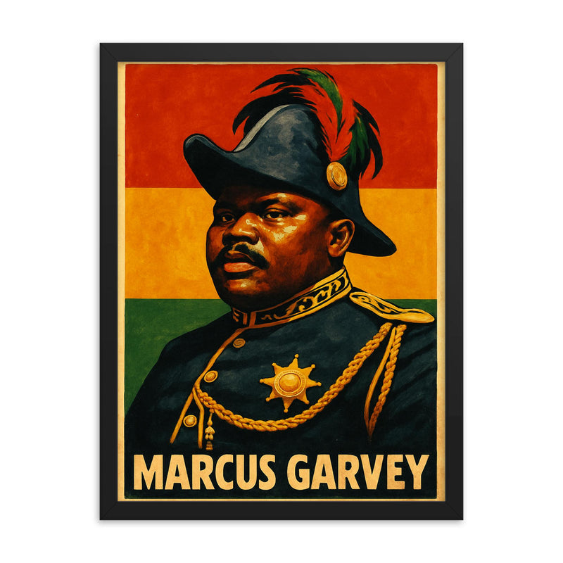 Marcus Garvey framed print on a plain backdrop in size 18
